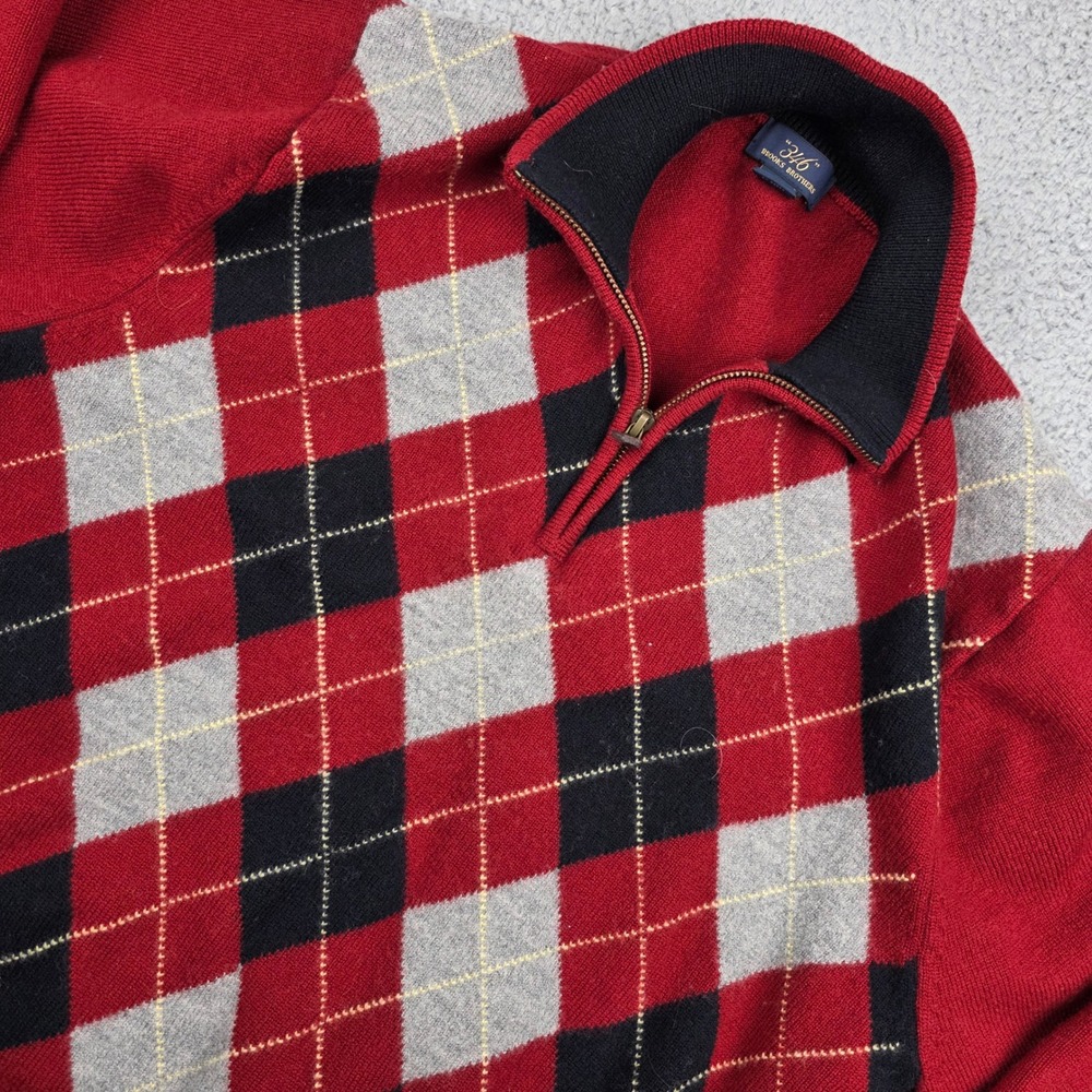 Brooks Brothers 346 Mens XL Red Argyle 100% Merino Wool Quarter Zip‎ Sweater
